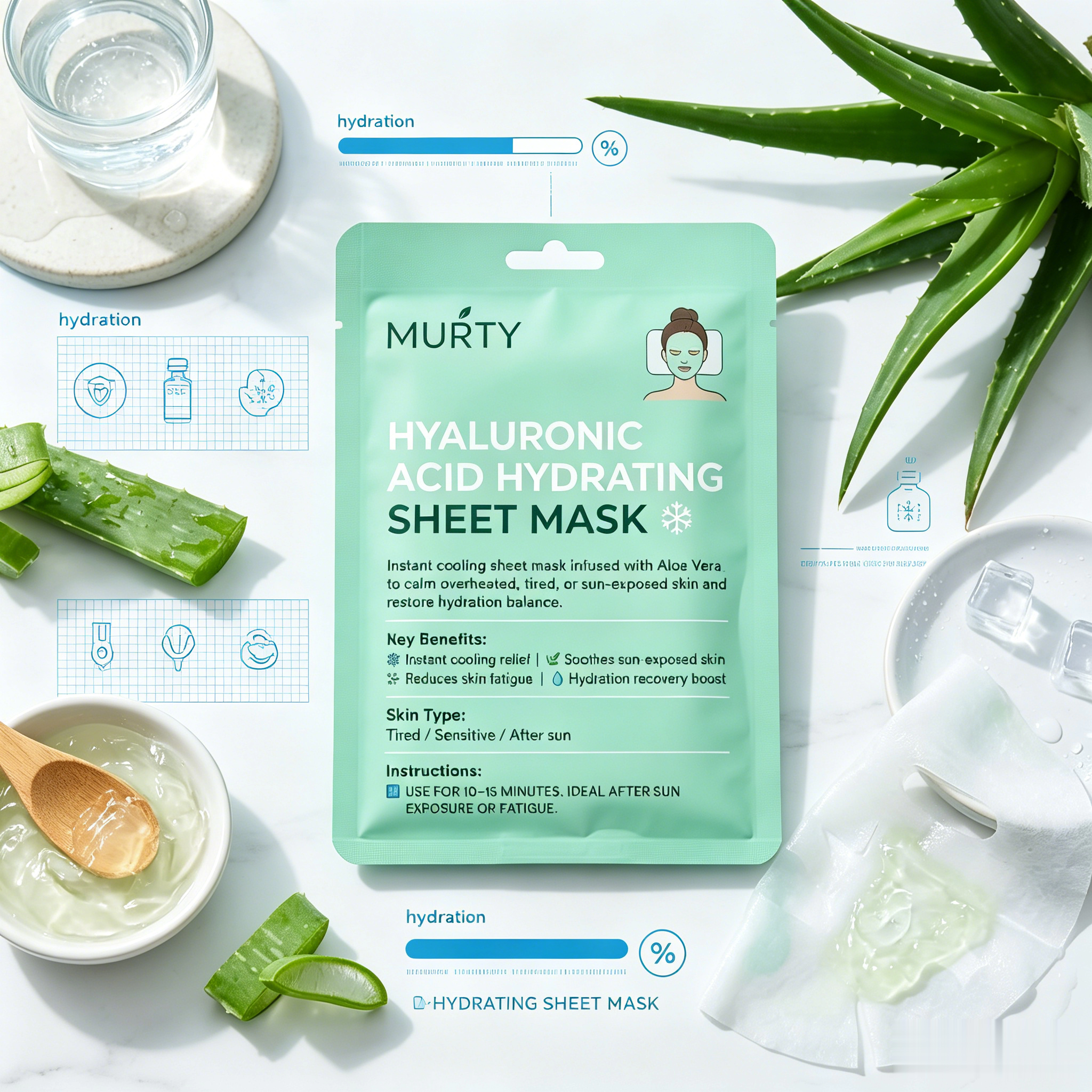 MURTY Aloe Vera & Hyaluronic Acid Sheet Mask | Moisture Boost & Fresh Skin Feel